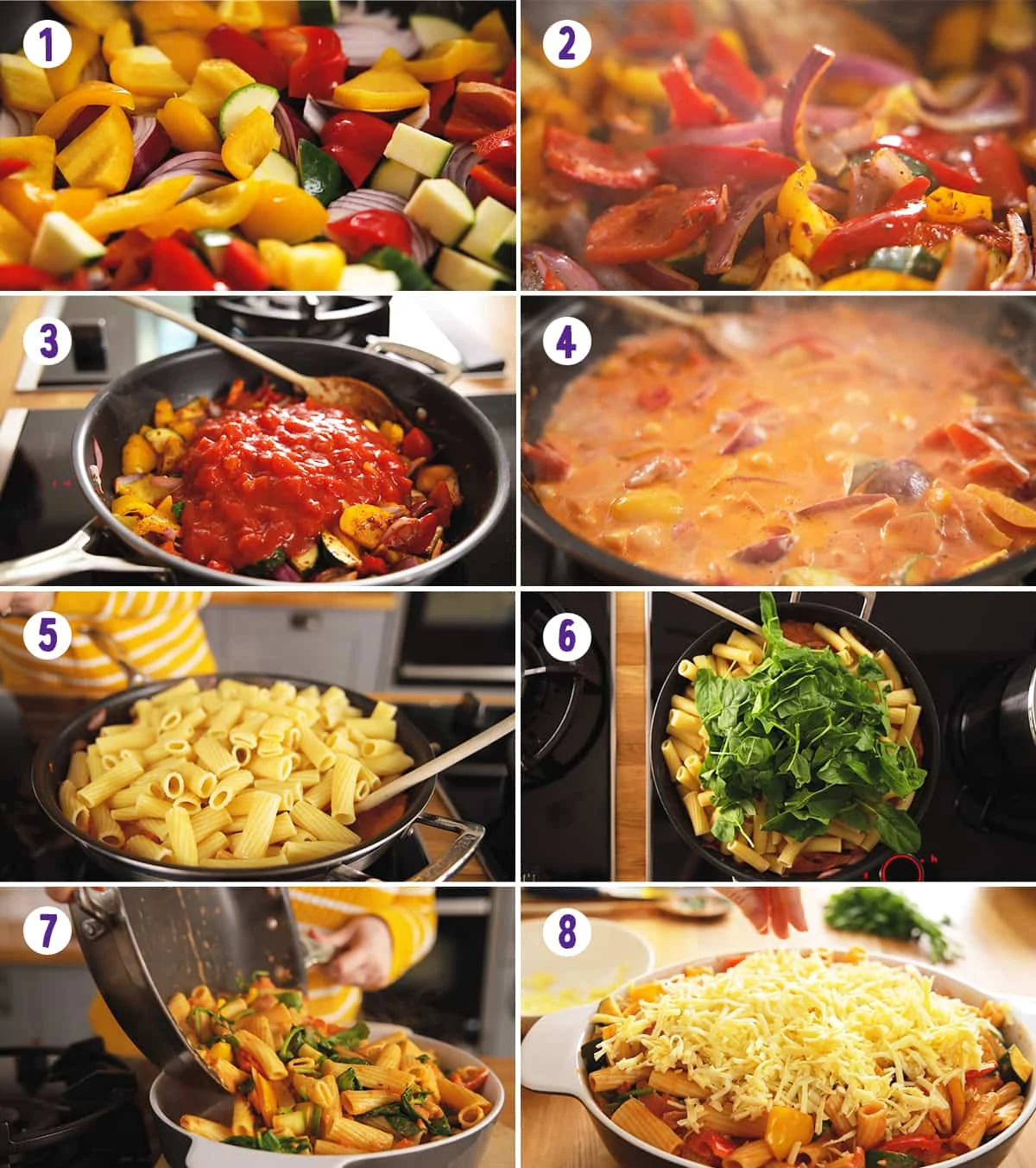 8 image collage showing steps for making vegetable pasta bake
