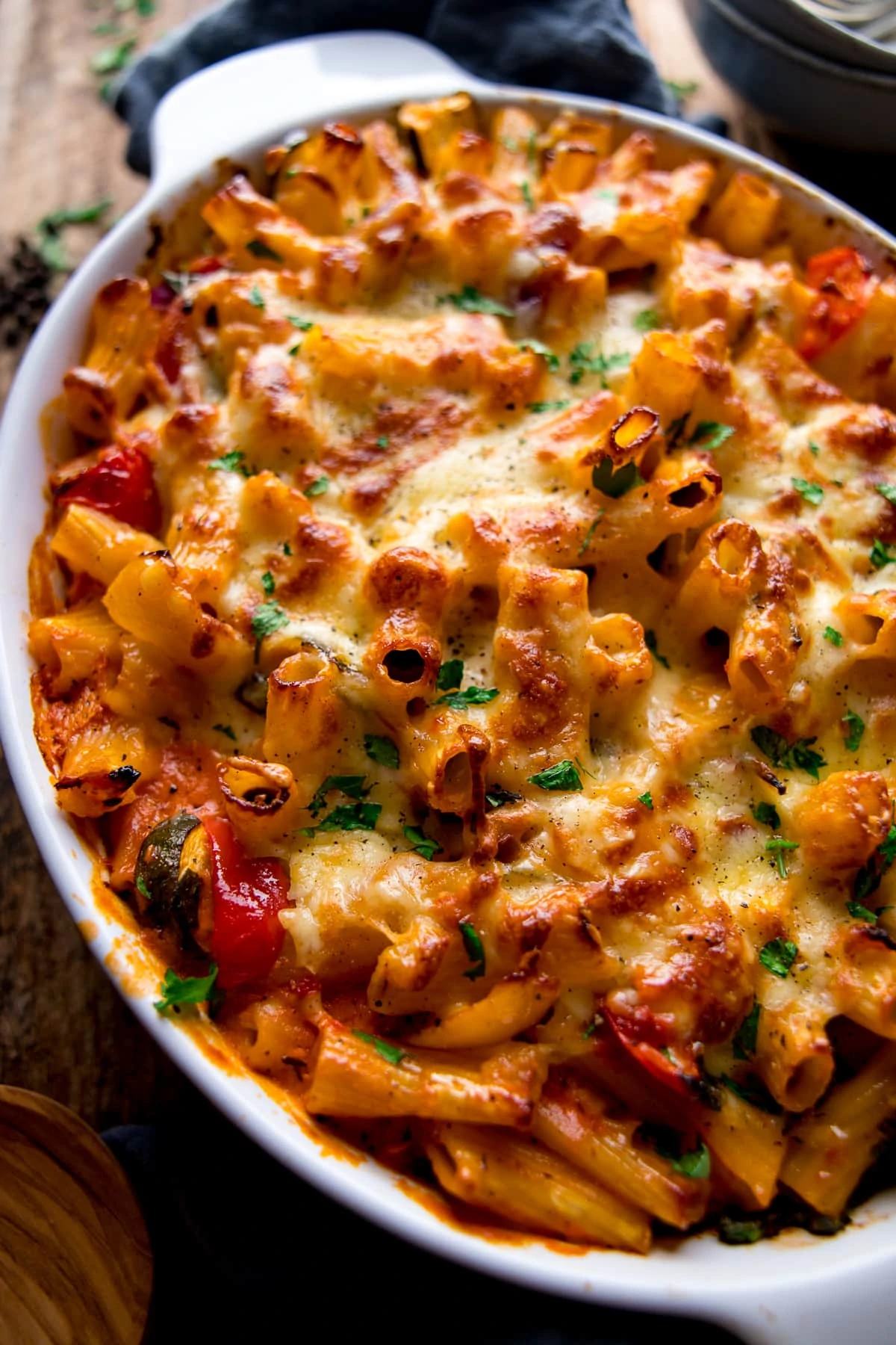 Close up image of a dish of vegetable pasta bake