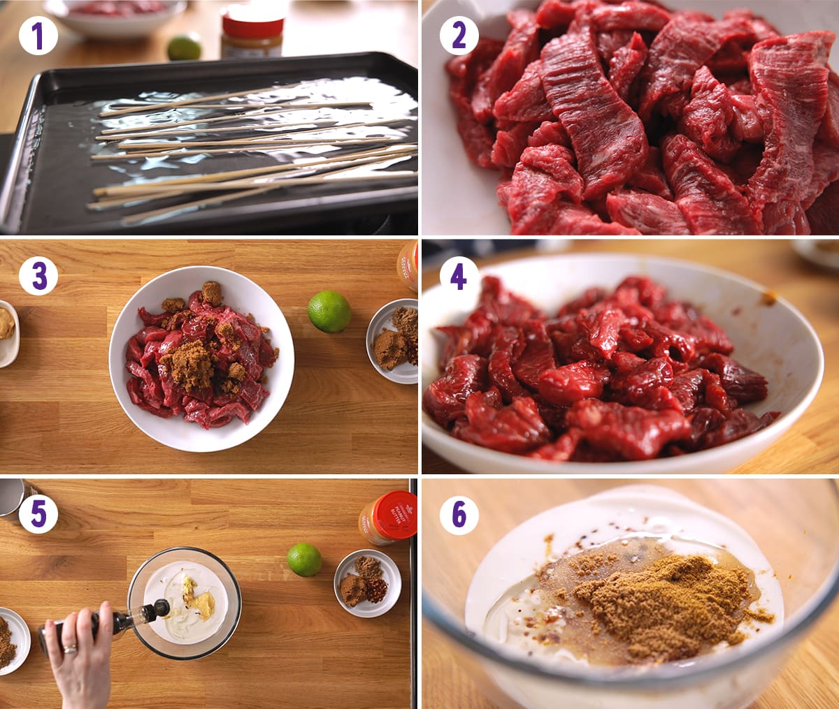 6 image collage showing initial steps in making beef satay