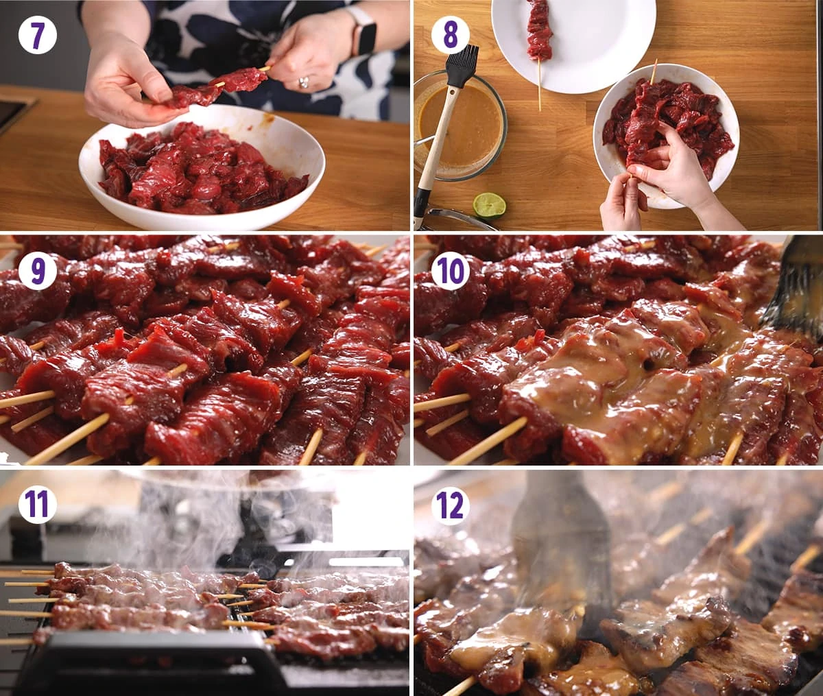 6 image collage showing final steps for making beef satay