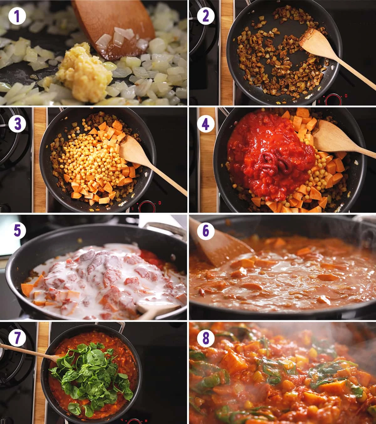 8 image collage showing how to make chickpea and sweet potato curry