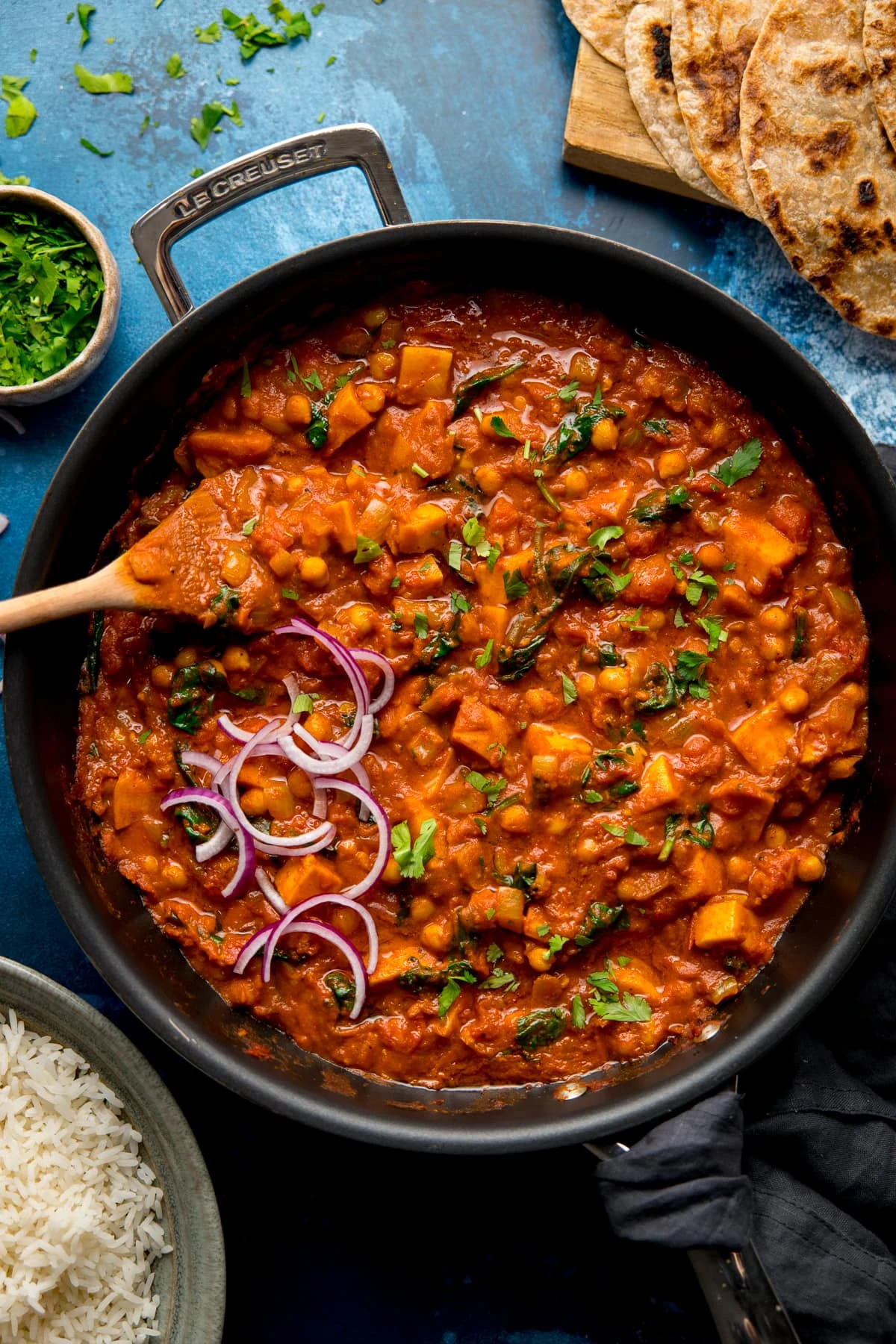 chickpea and sweet potato curry in a pan