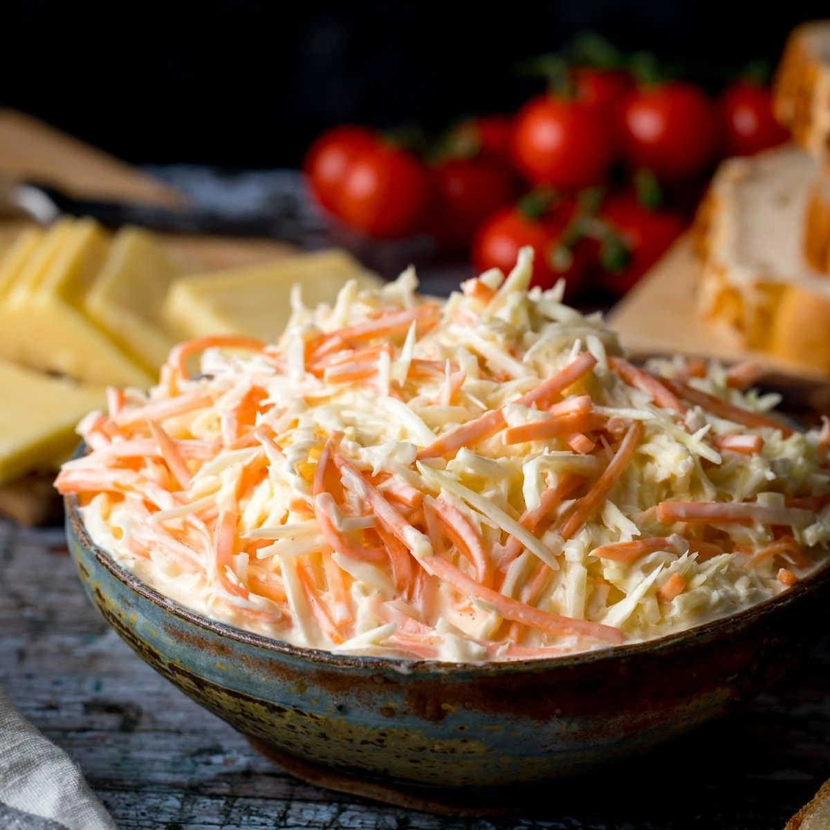 creamy coleslaw in a bowl. Cheese and cherry tomatoes in the background