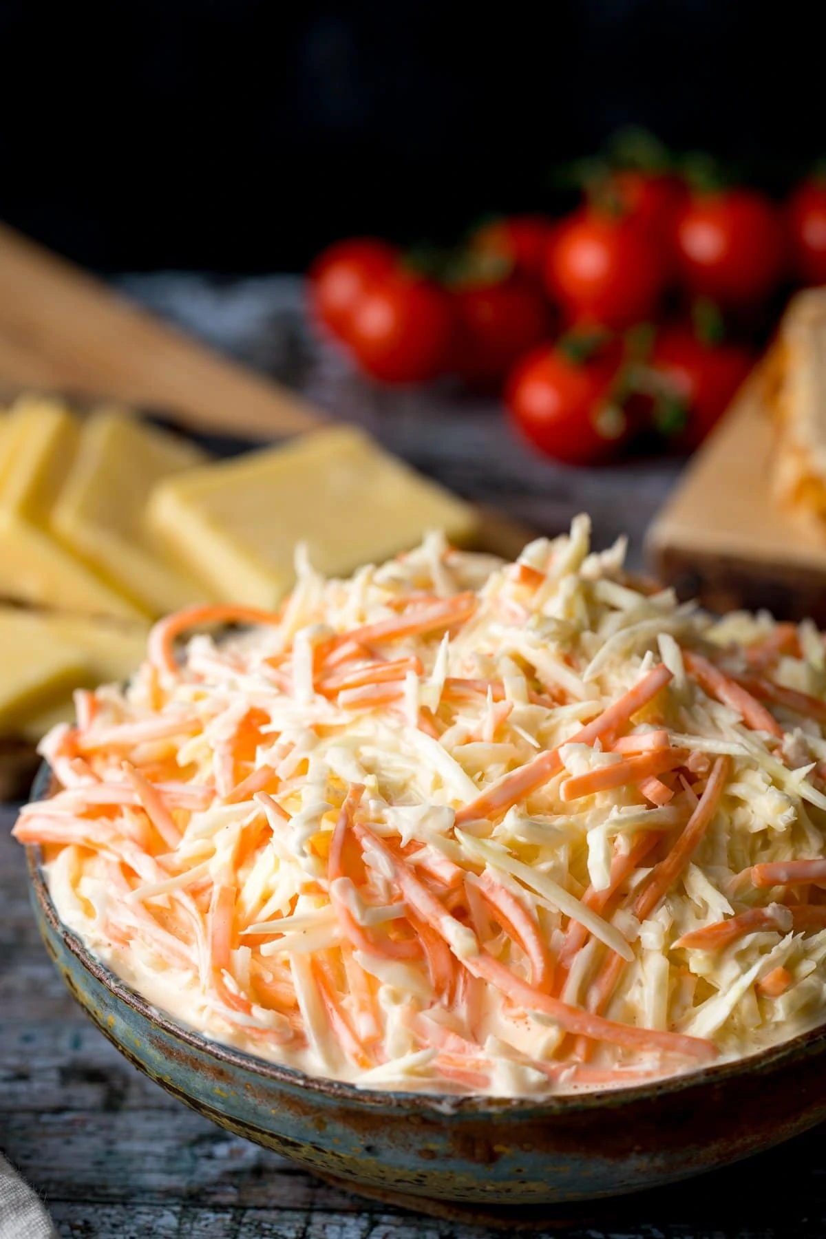 Close up of of a bowl of coleslaw