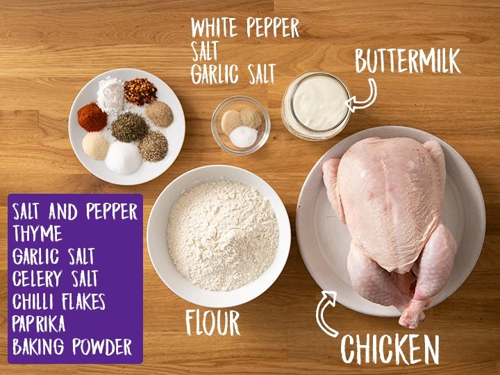 Ingredients for crispy fried chicken on a wooden table