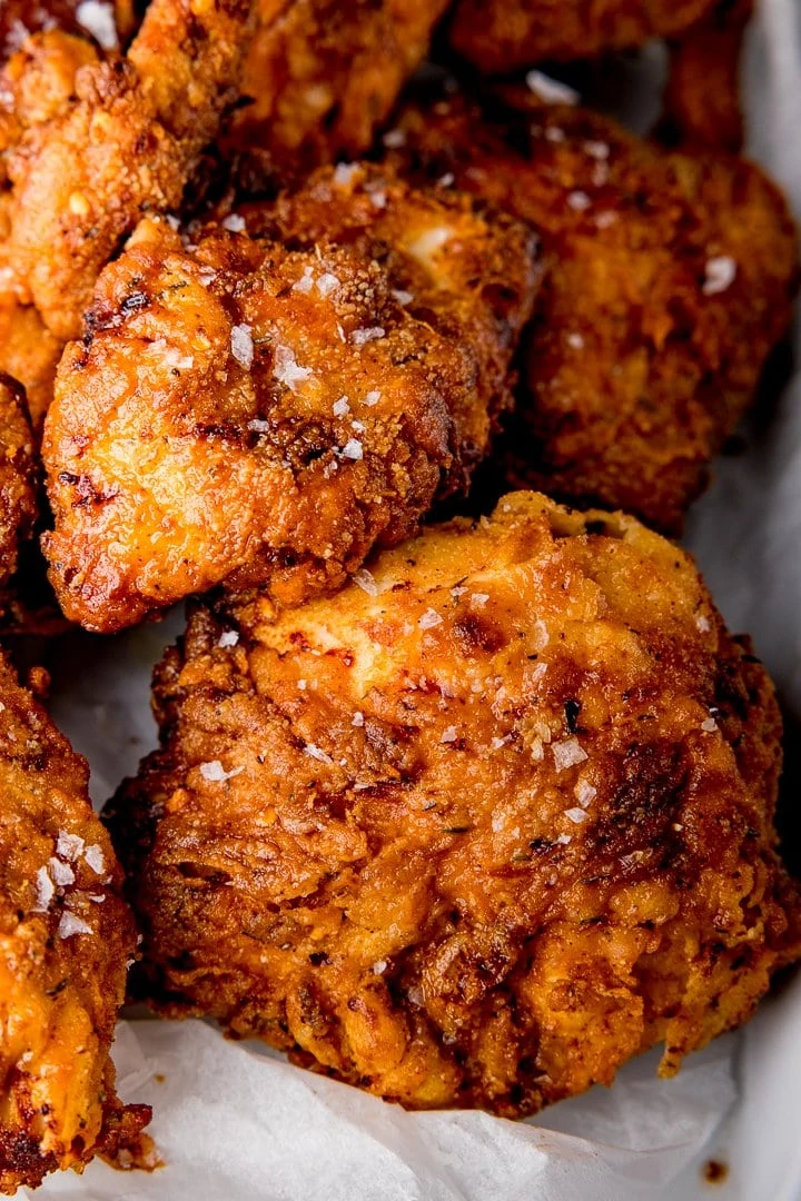 Close up of pieces of crispy fried chicken