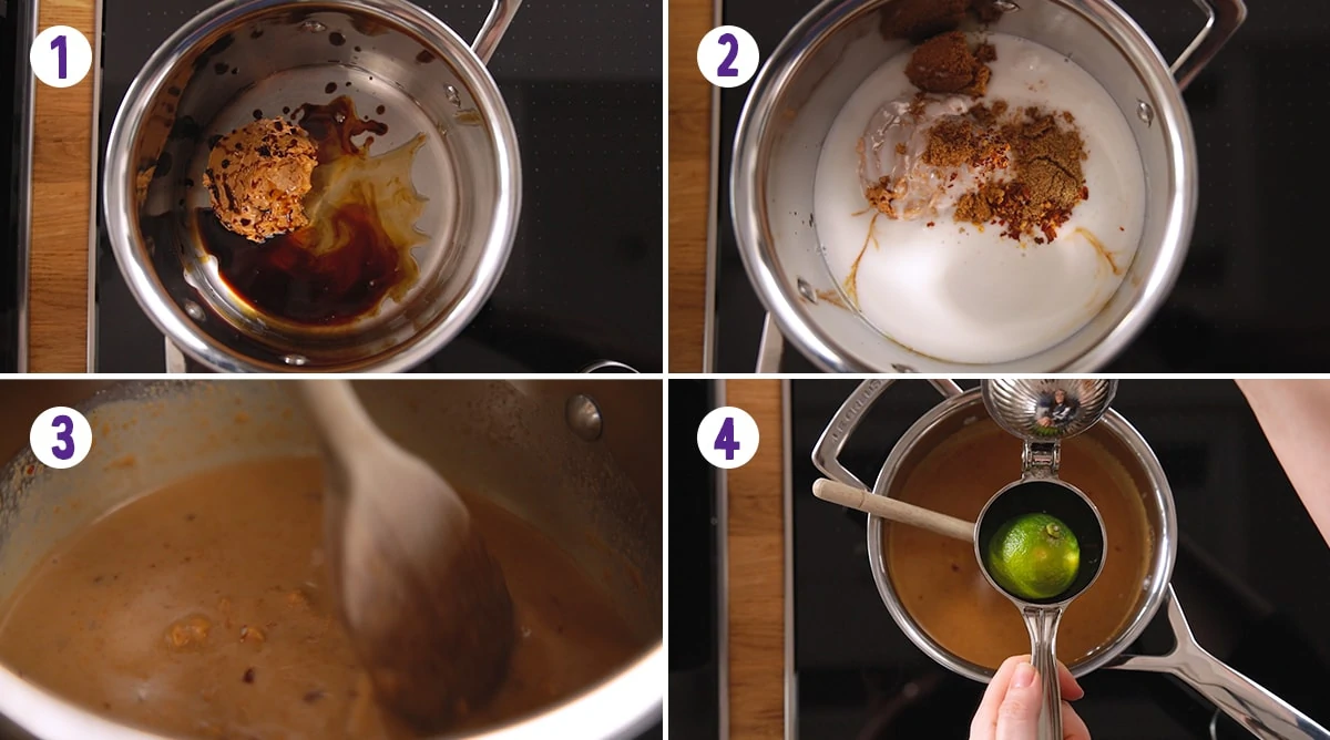 4 image collage showing how to make satay sauce