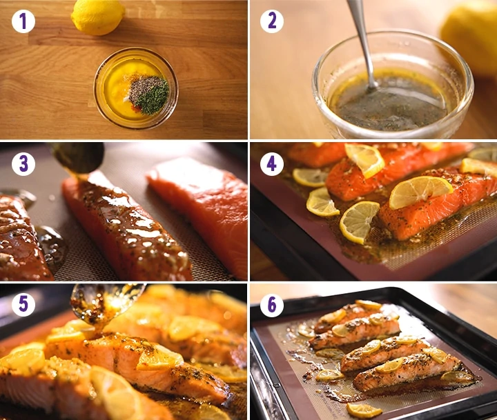 6 image collage showing how to make honey garlic baked salmon