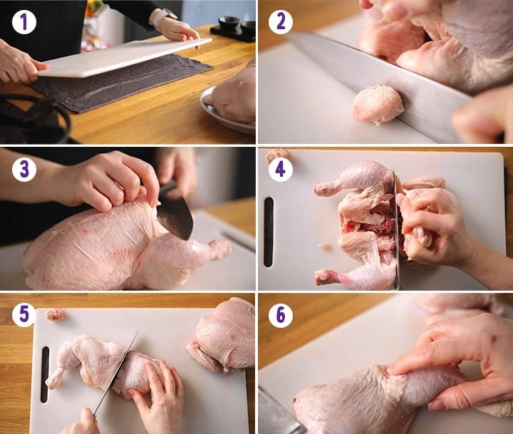 6 image collage showing the initial stages of jointing a chicken