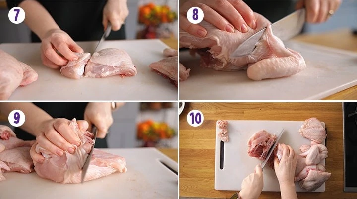 4 image collage showing the final stages of jointing a chicken