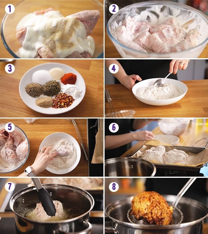 8 image collage showing how to make crispy fried chicken