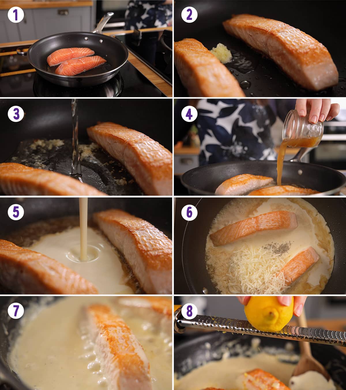 8 image collage showing how to make salmon with creamy white wine sauce