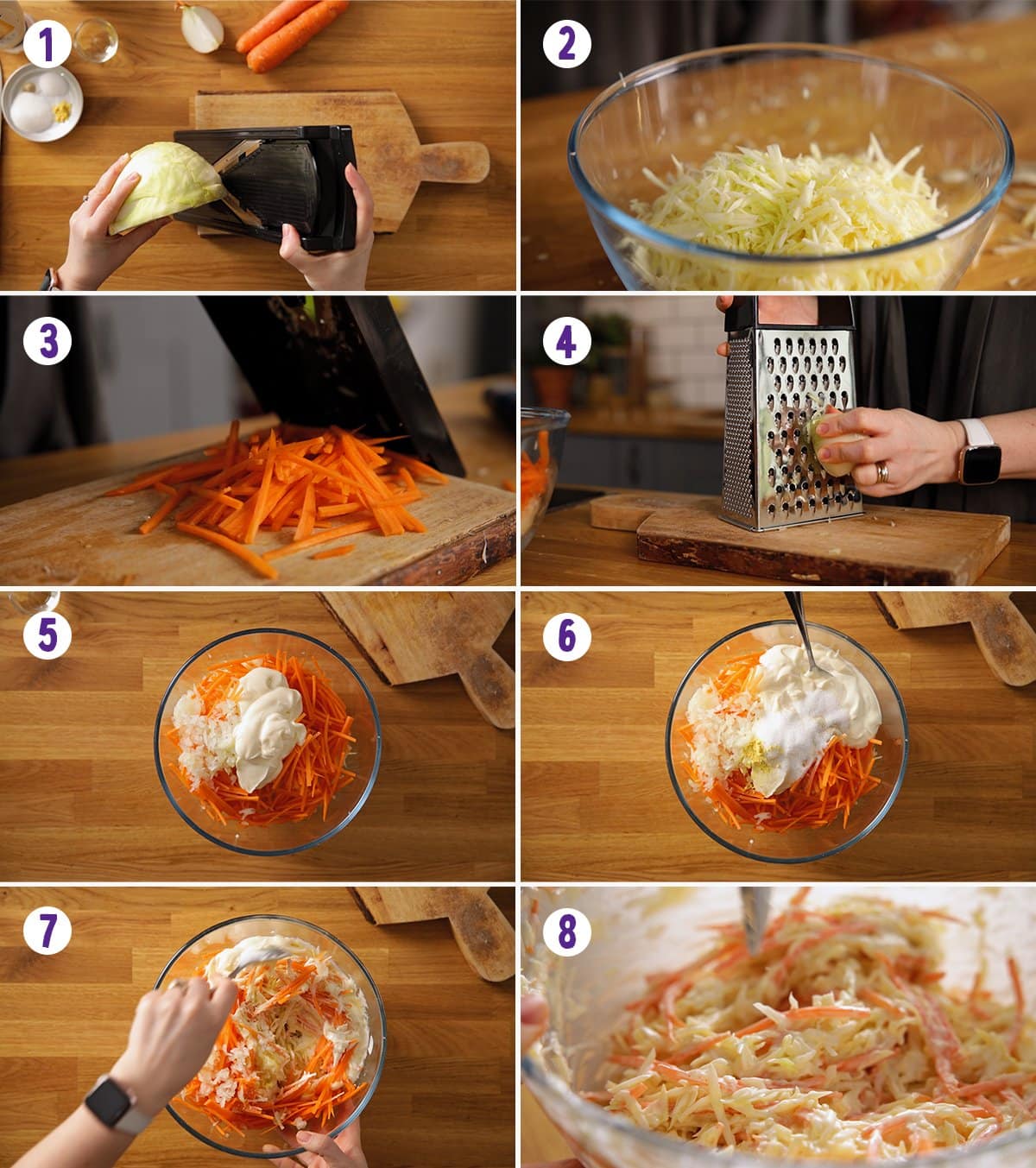 8 image collage showing how to make creamy coleslaw