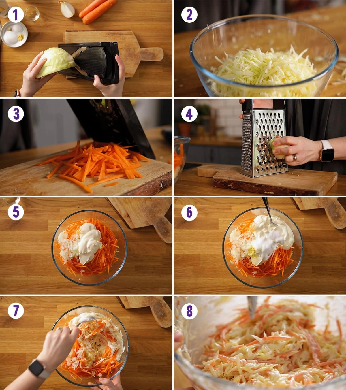 8 image collage showing how to make creamy coleslaw