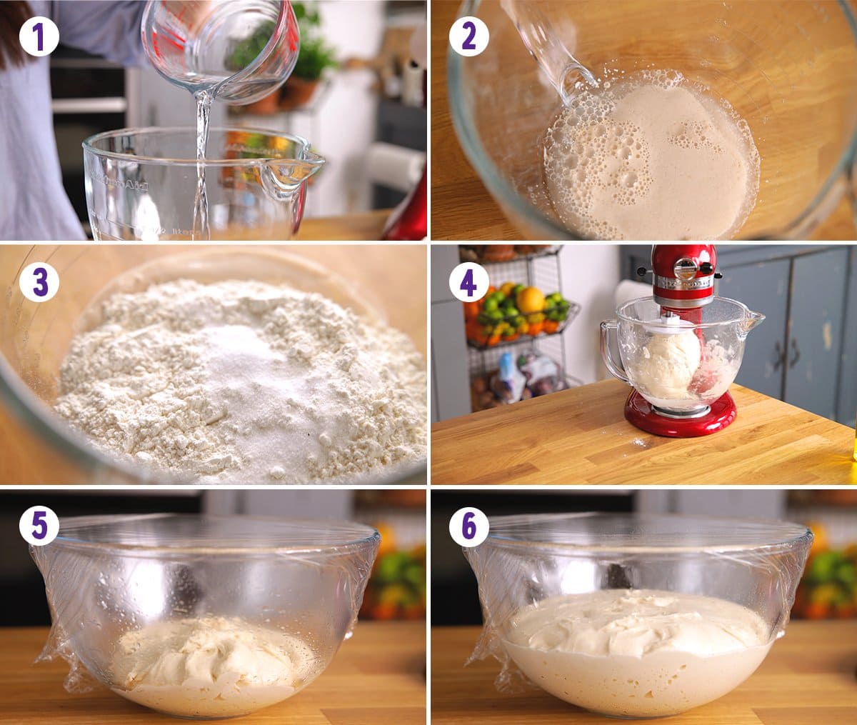 6 image collage showing initial steps for making Artisan bread at home