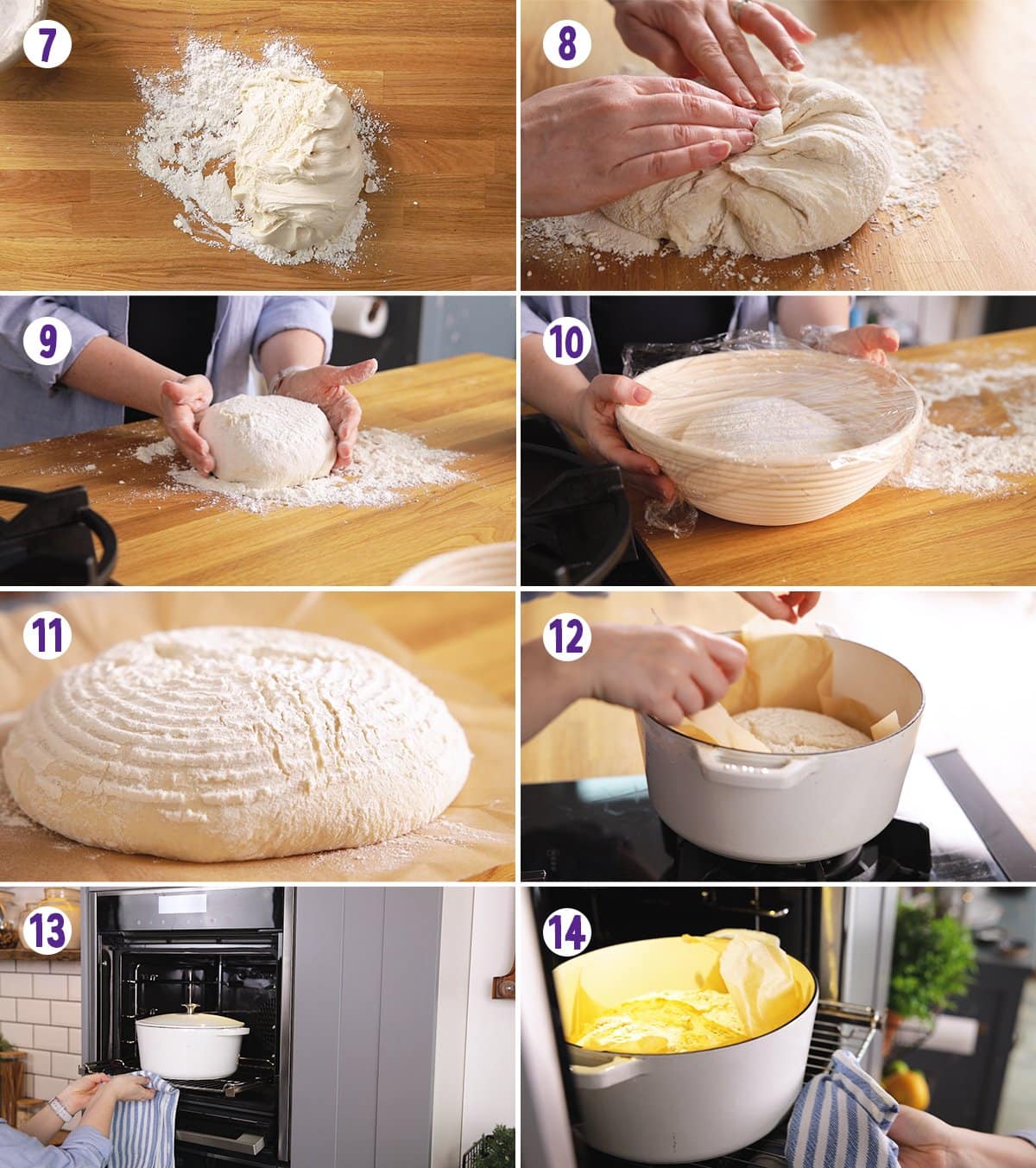 8 image collage showing final steps for making artisan bread at home