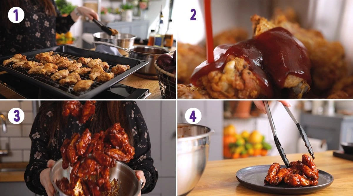 4 image collage showing how to smother crispy chicken wings in bbq sauce