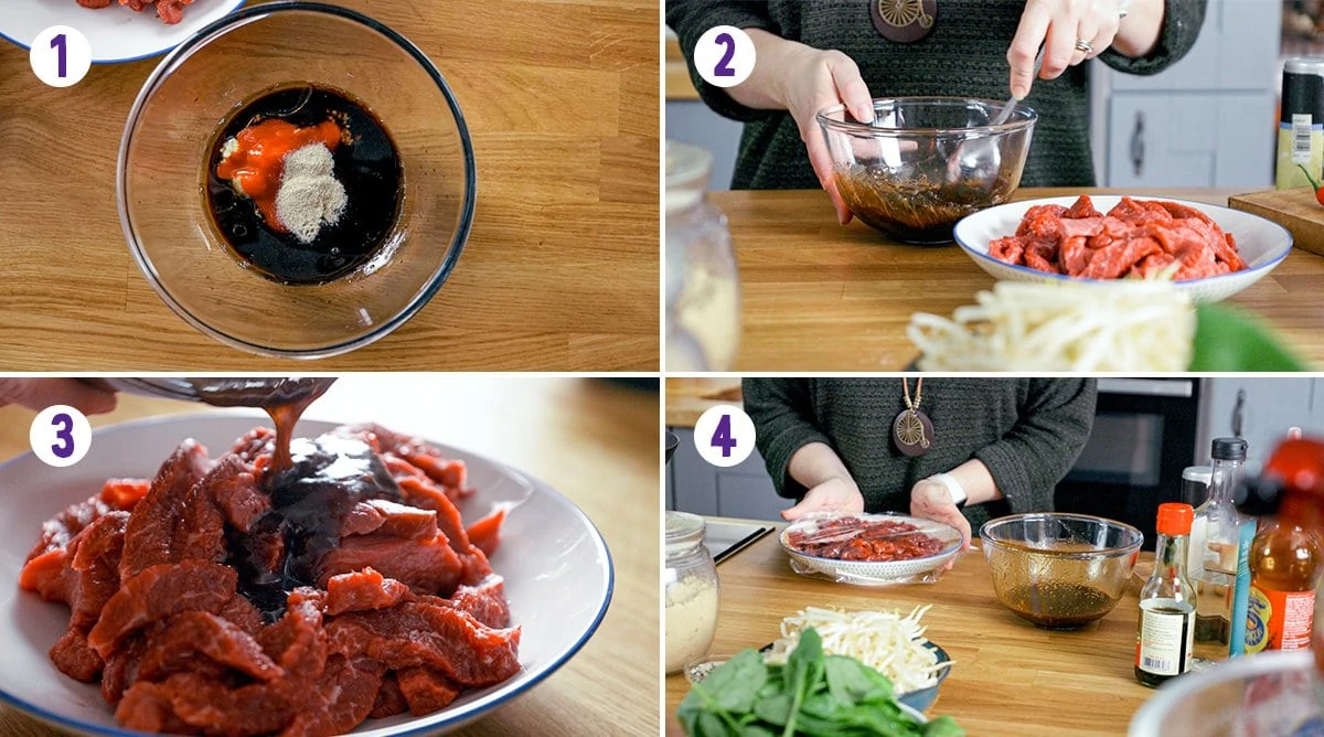 Collage of 4 images showing the process of making the marinade and marinading beef for beef chow fun