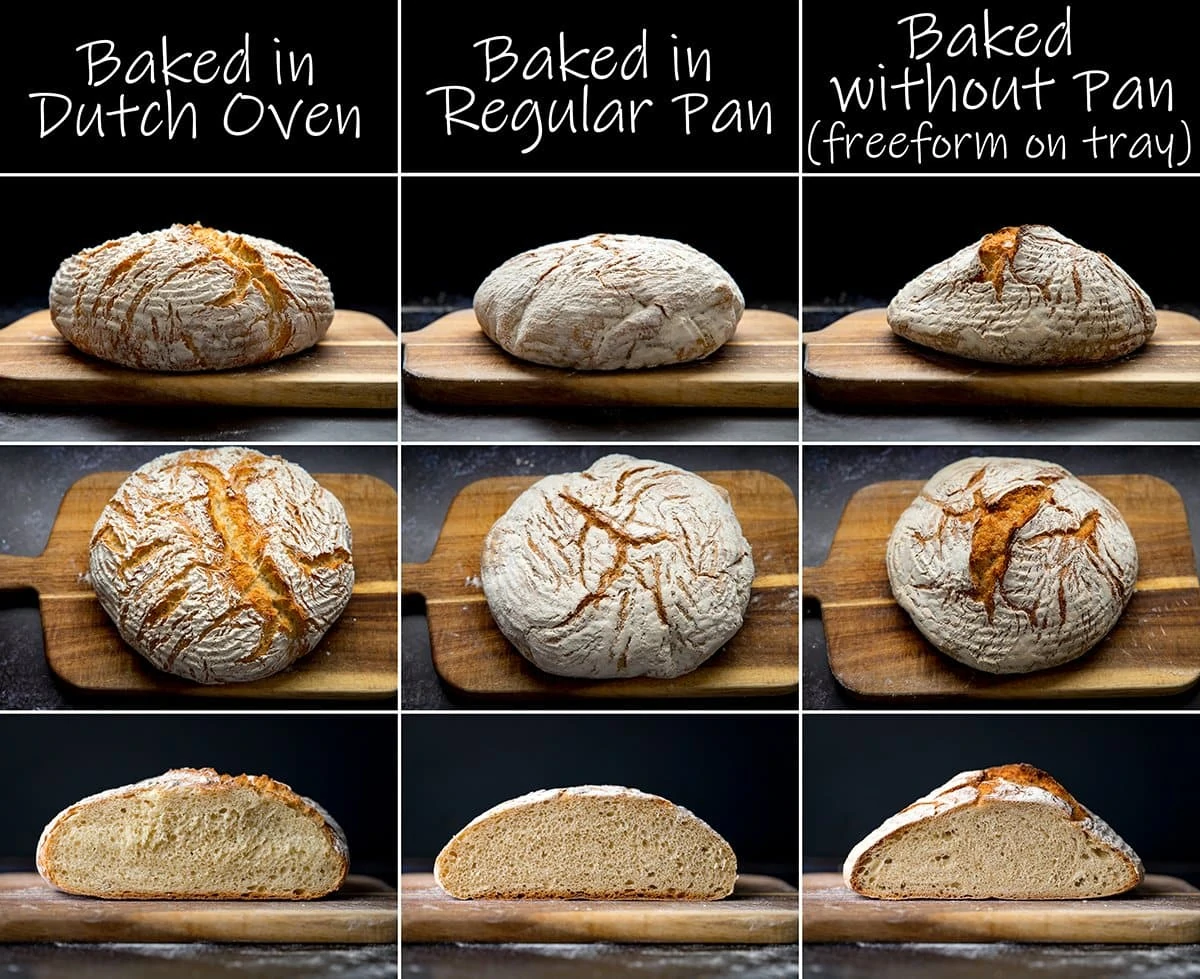 9 image collage showing difference in baking bread in a dutch oven, a regular pan or freeform