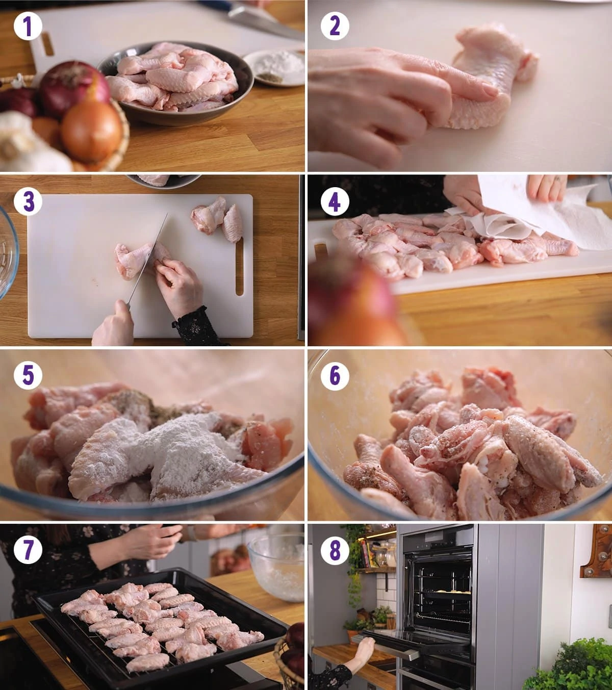 8 image collage showing how to make crispy oven baked chicken wings