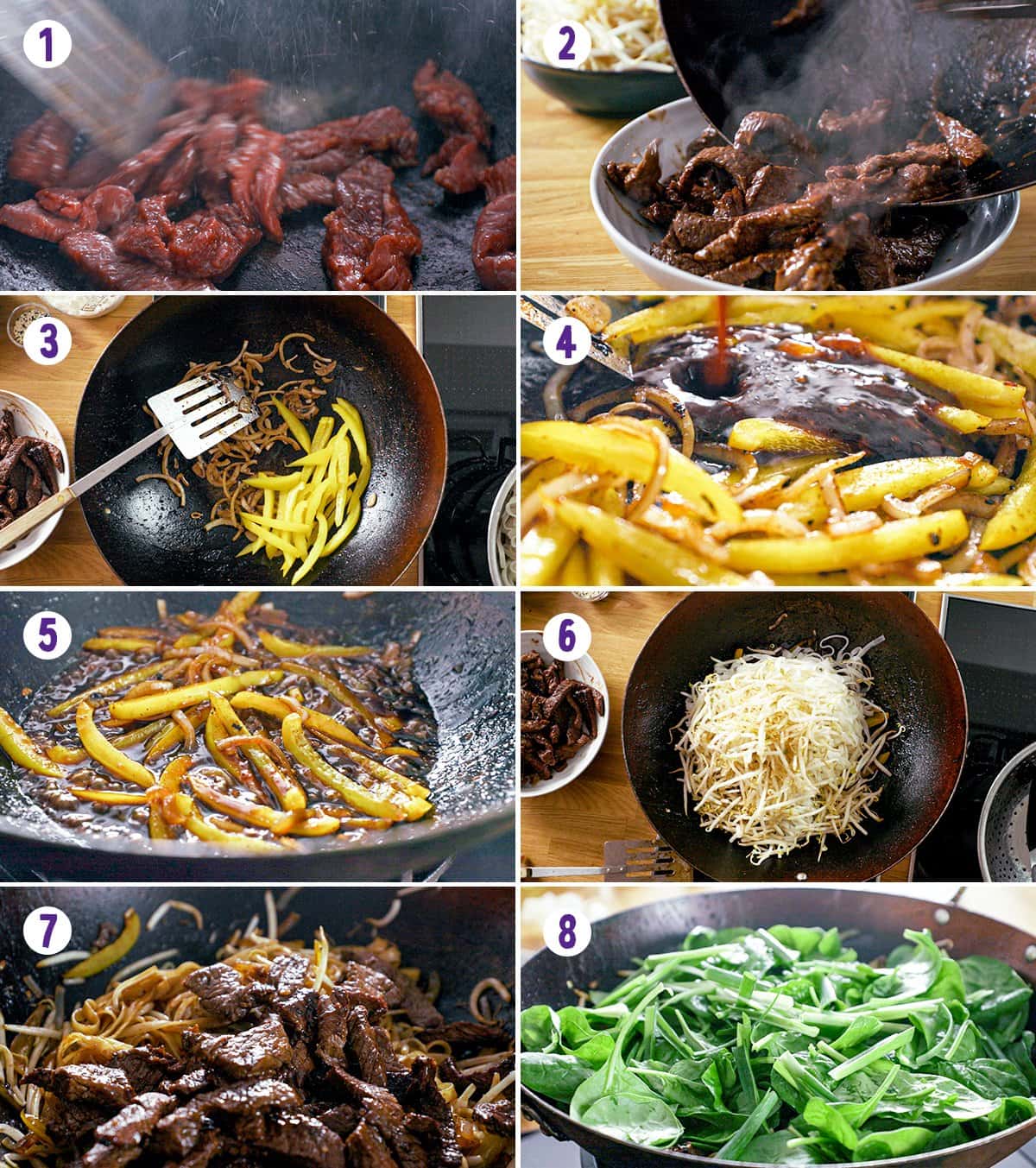 Collage of 8 images showing the process of making beef chow fun