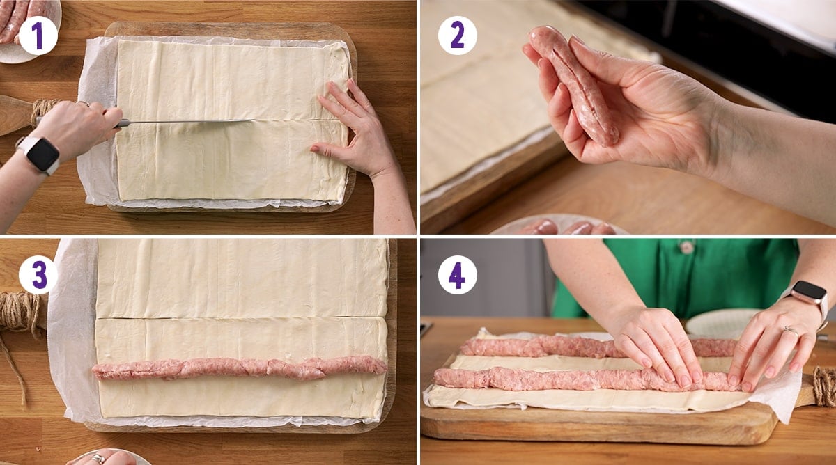 4 image collage showing initial steps for making homemade sausage rolls