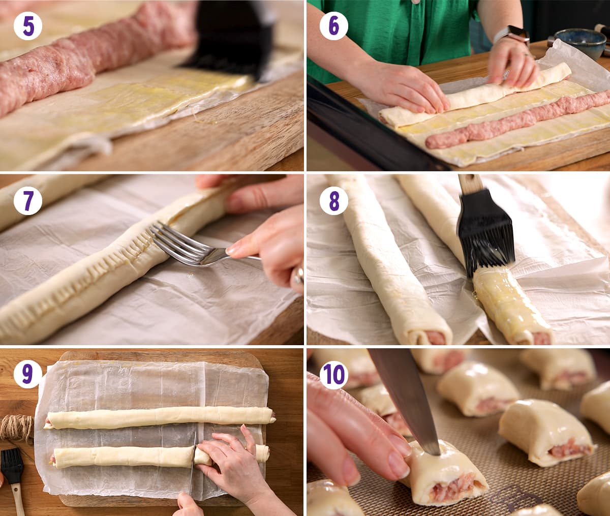6 image collage showing final steps to make homemade sausage rolls