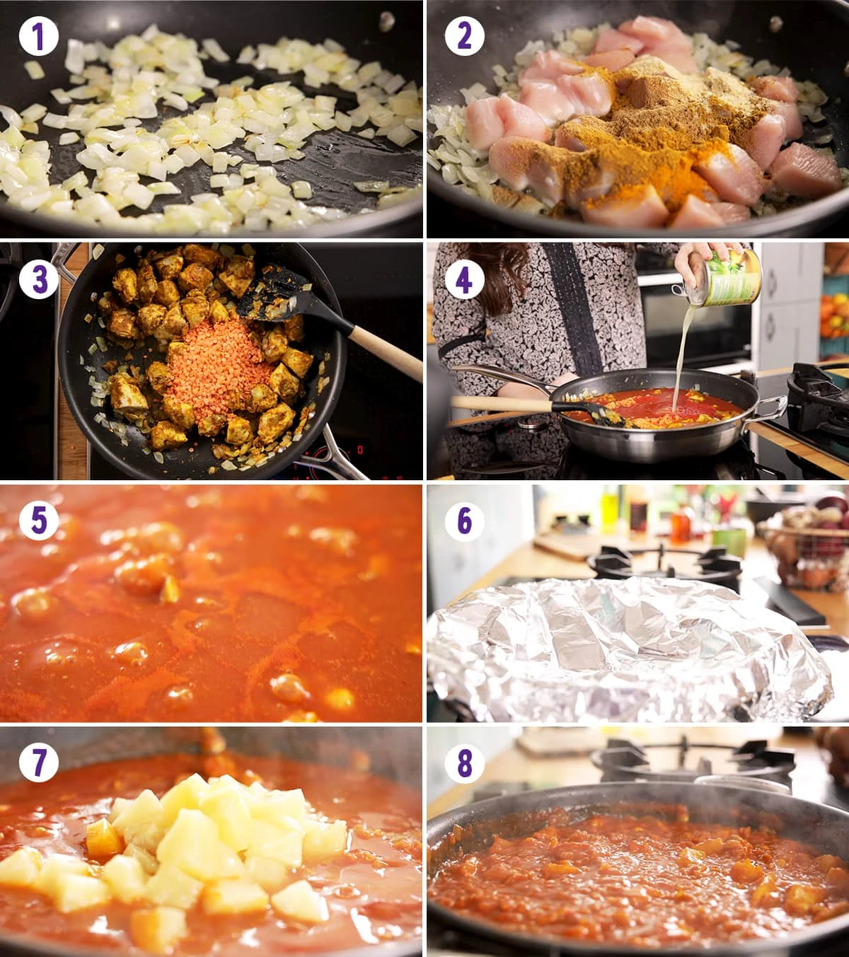 8 image collage showing how to make chicken dhansak