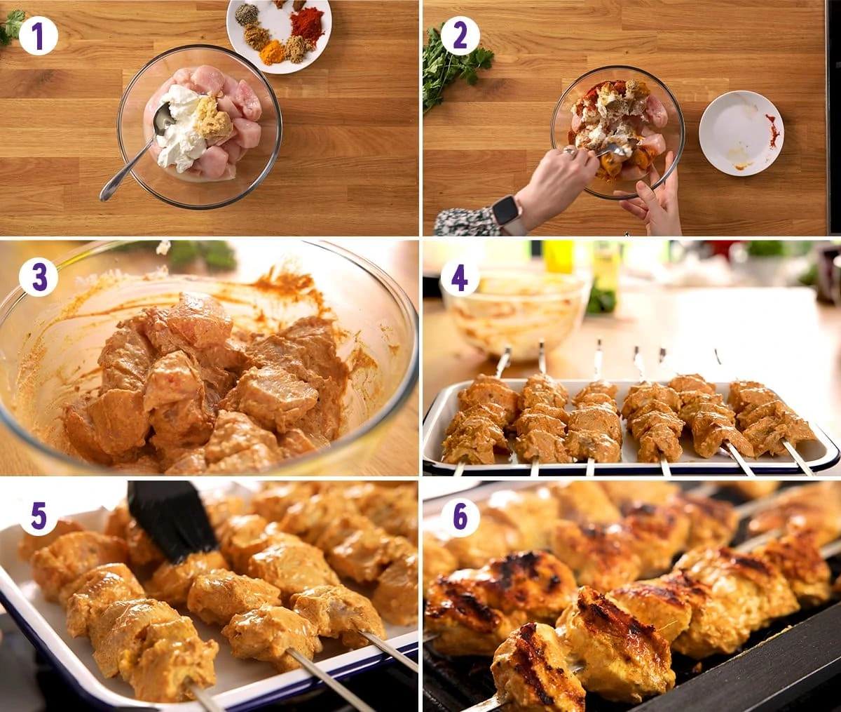 6 image collage showing how to make chicken tikka skewers