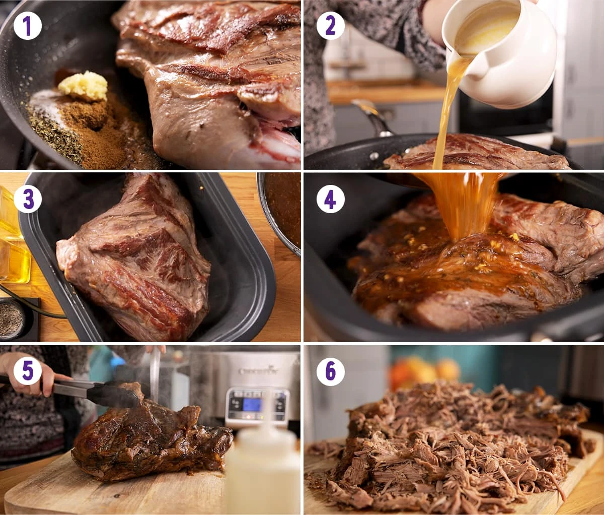 6 image collage showing how to make lamb carnitas