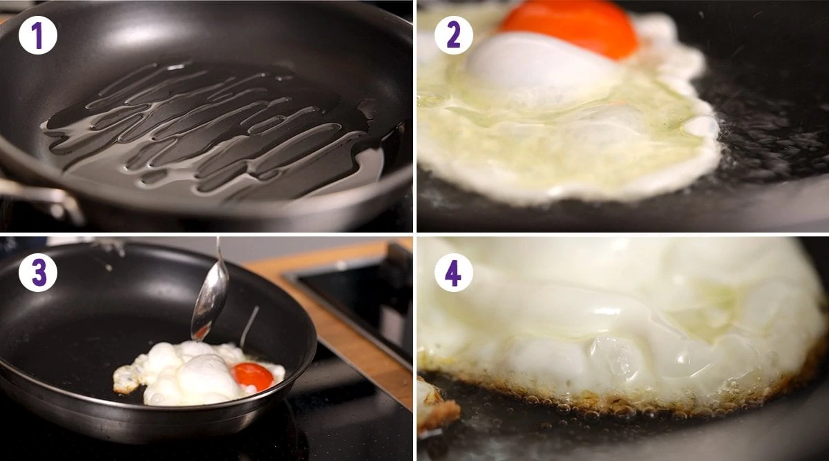 4 image collage showing how to fry and egg with crispy edges