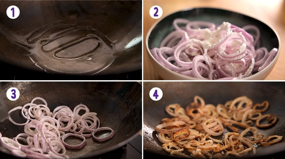4 image collage showing how to make crispy shallots