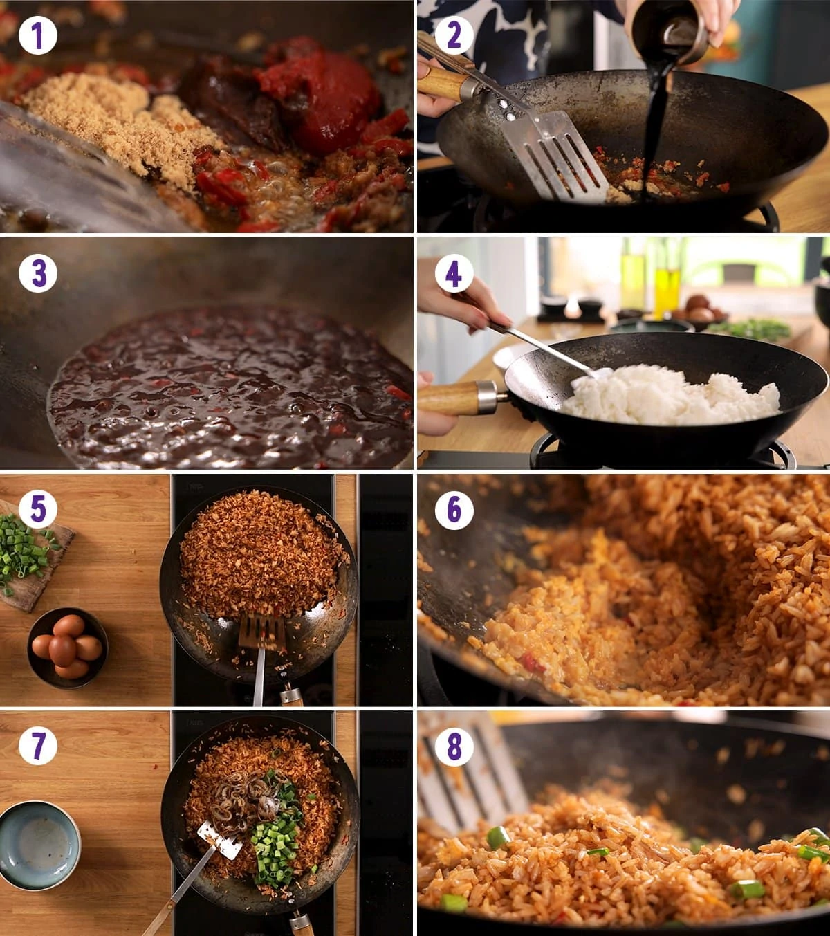 8 image collage showing how to make nasi goreng