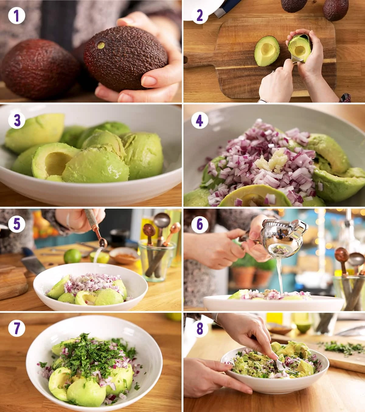 8 image collage showing the steps to make guacamole.