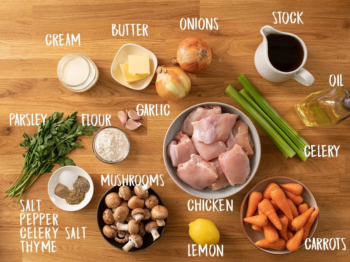 Ingredients for chicken casserole on a wooden table