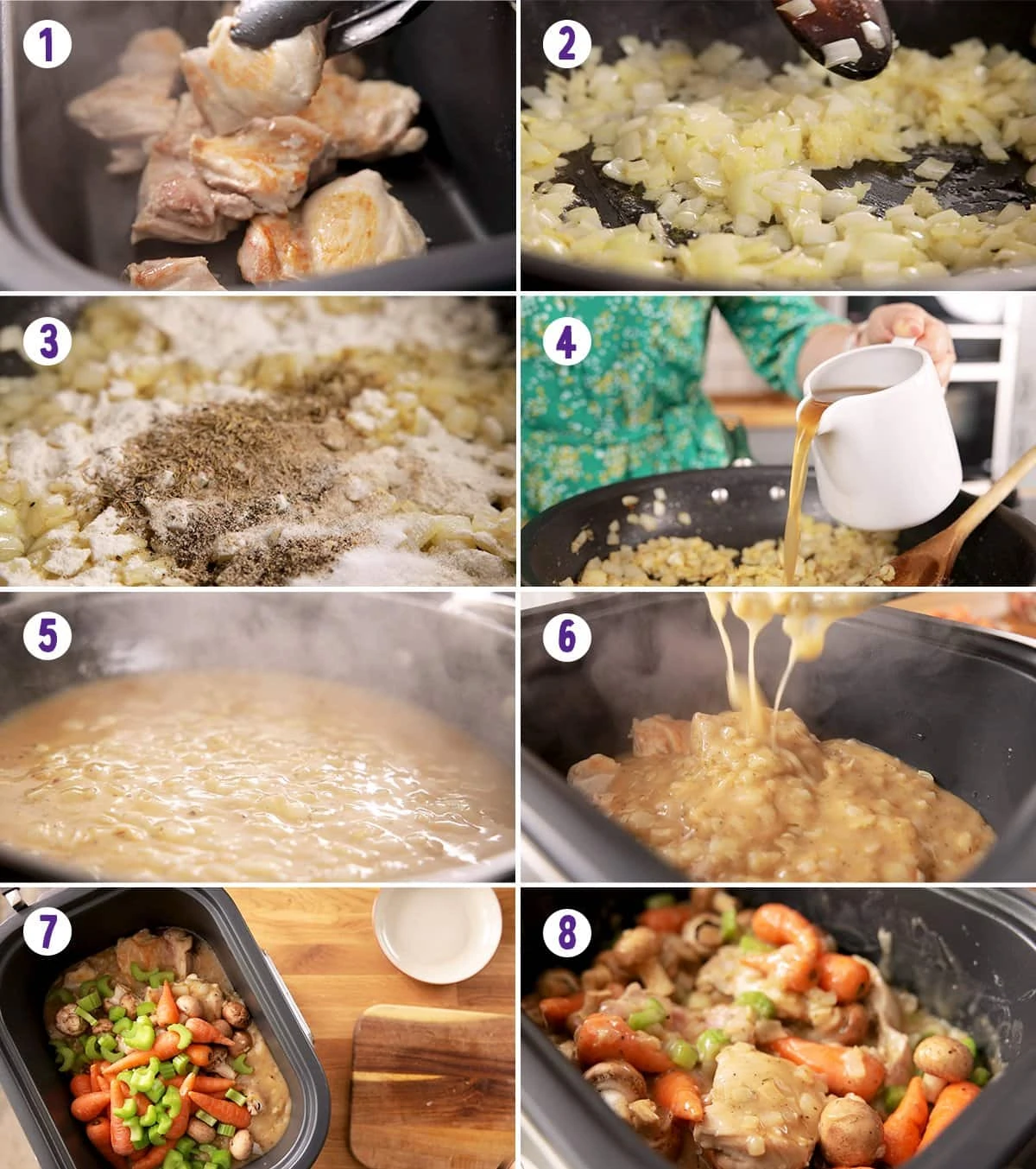 8 image collage showing how to make chicken casserole in the slow cooker