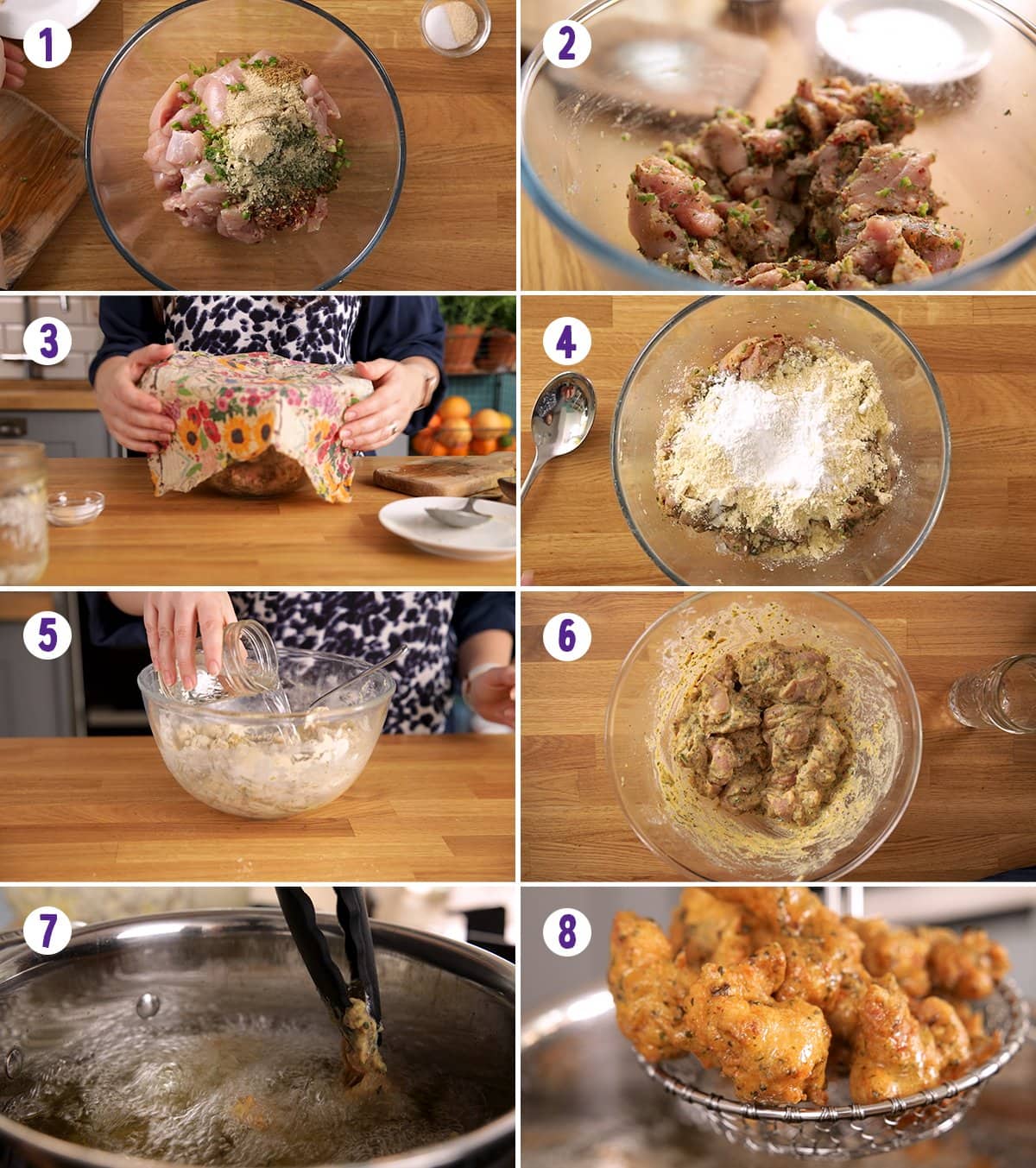 8 image collage showing how to make chicken pakora