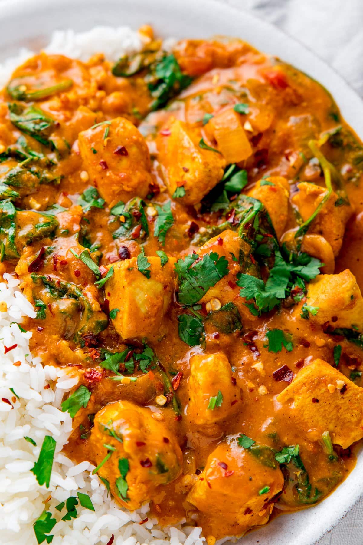 Close up of chicken curry in a white bowl alongside some boiled rice