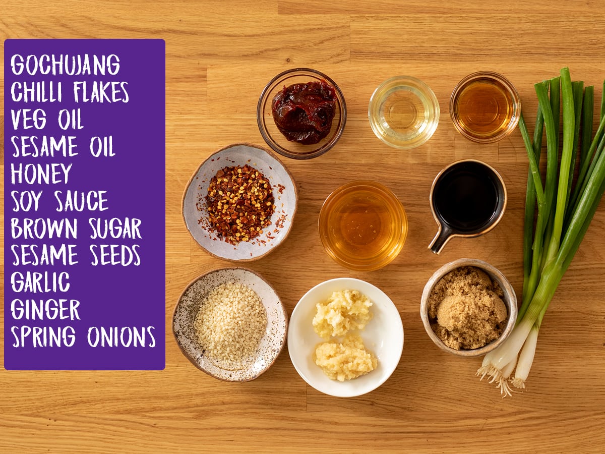 Ingredients for Korean-style sauce on a wooden table