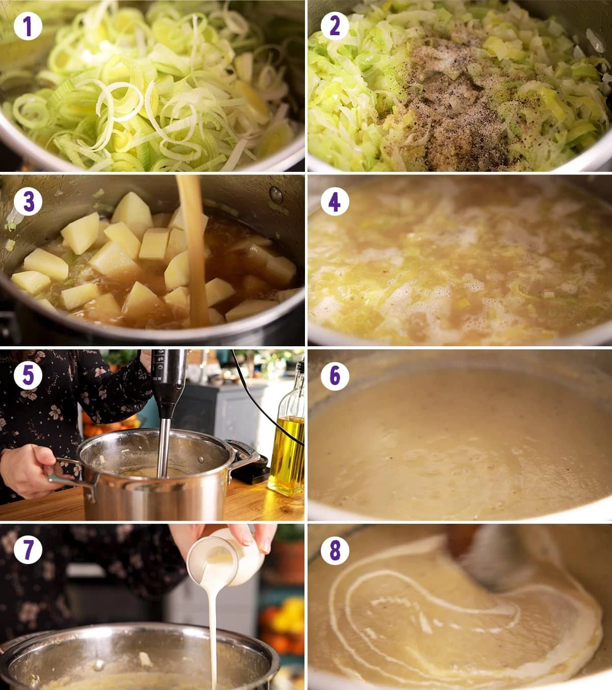 8 image collage showing how to make leek and potato soup