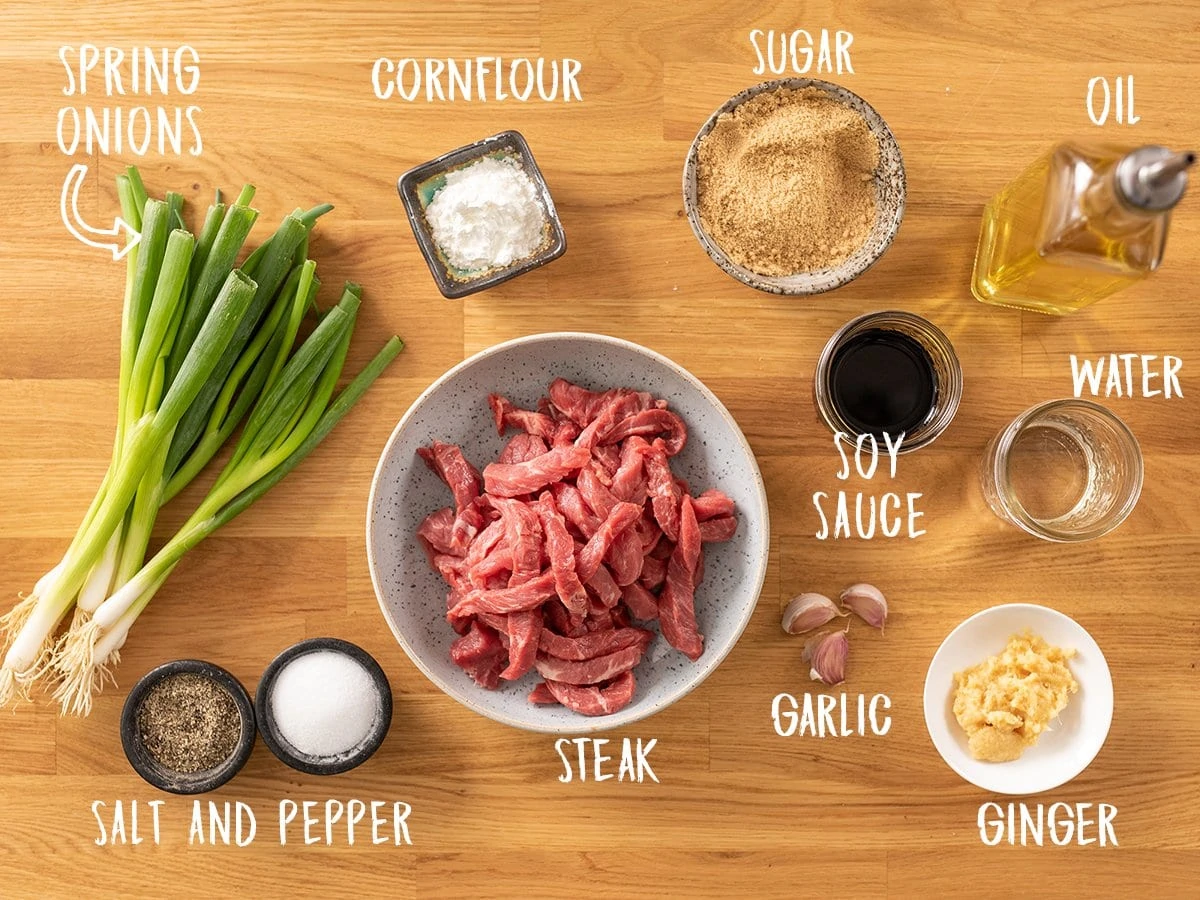 Ingredients for Mongolian Beef on a wooden table