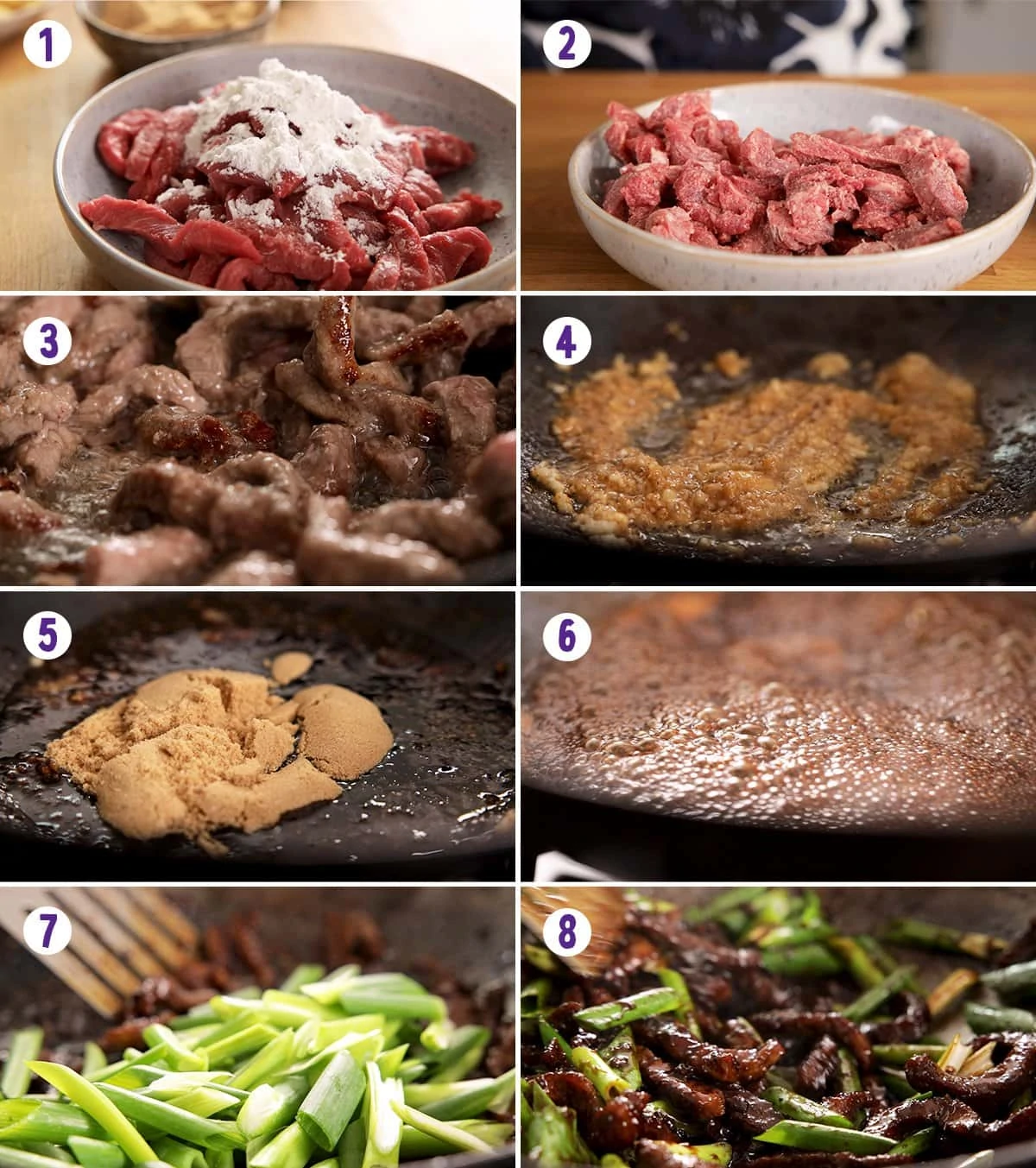 8 image collage showing how to make Mongolian Beef