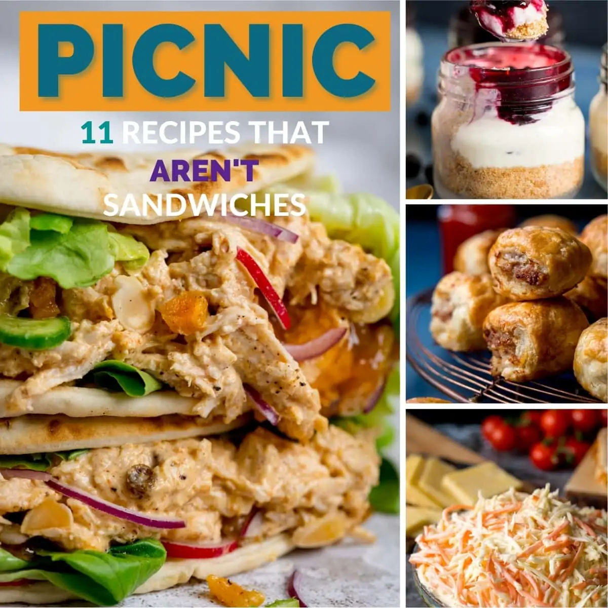 Collage of 4 pictures showing some picnic recipes.