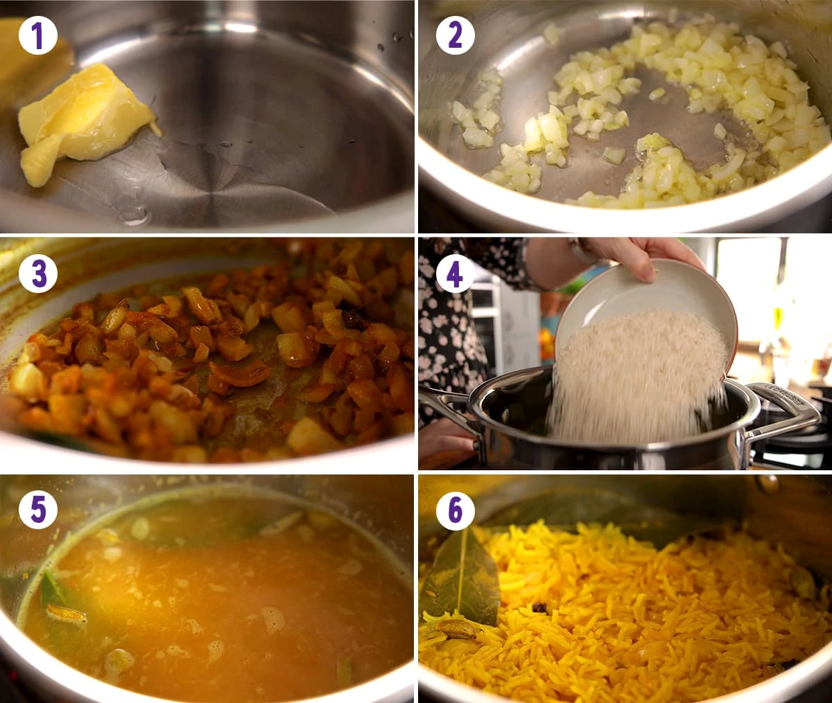 6 image collage showing how to make Pilau rice