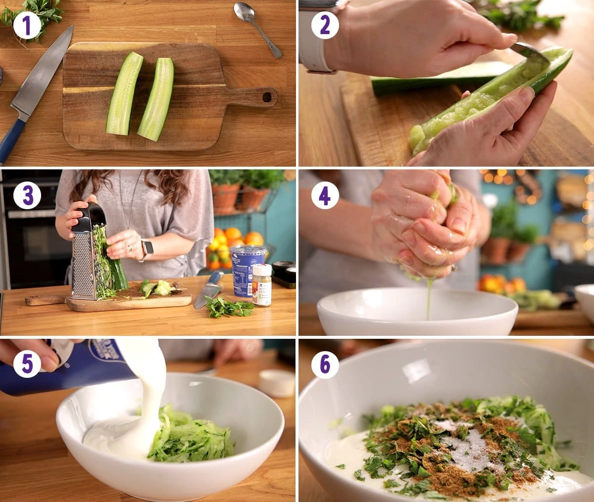 6 image collage showing how to make raita
