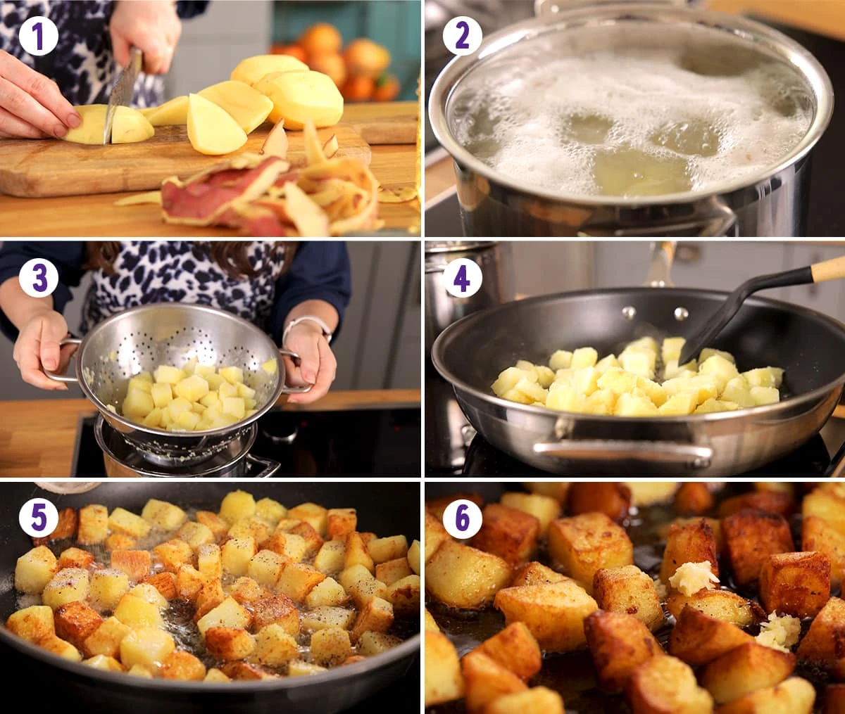 6 image collage showing how to make saute potatoes