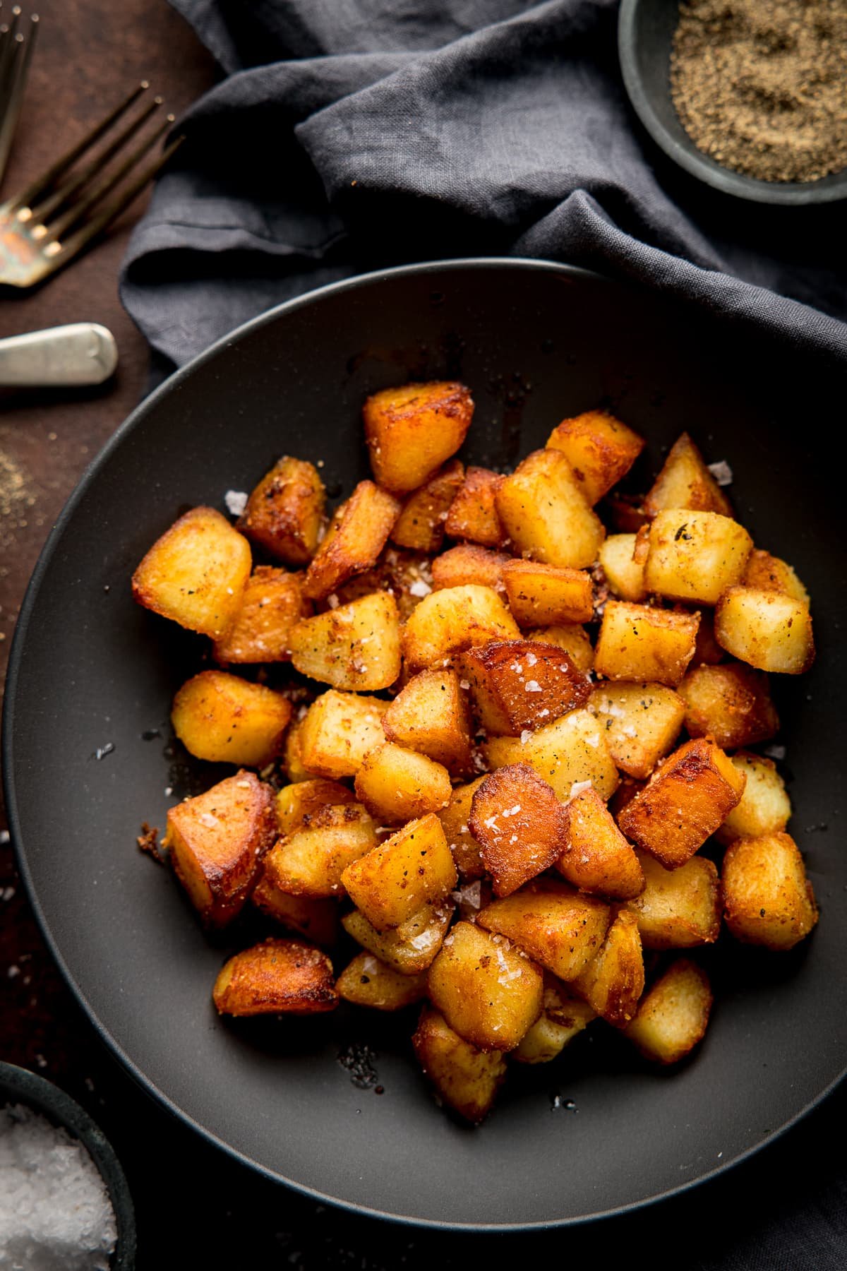 Overhead of saute potatoes in a pan