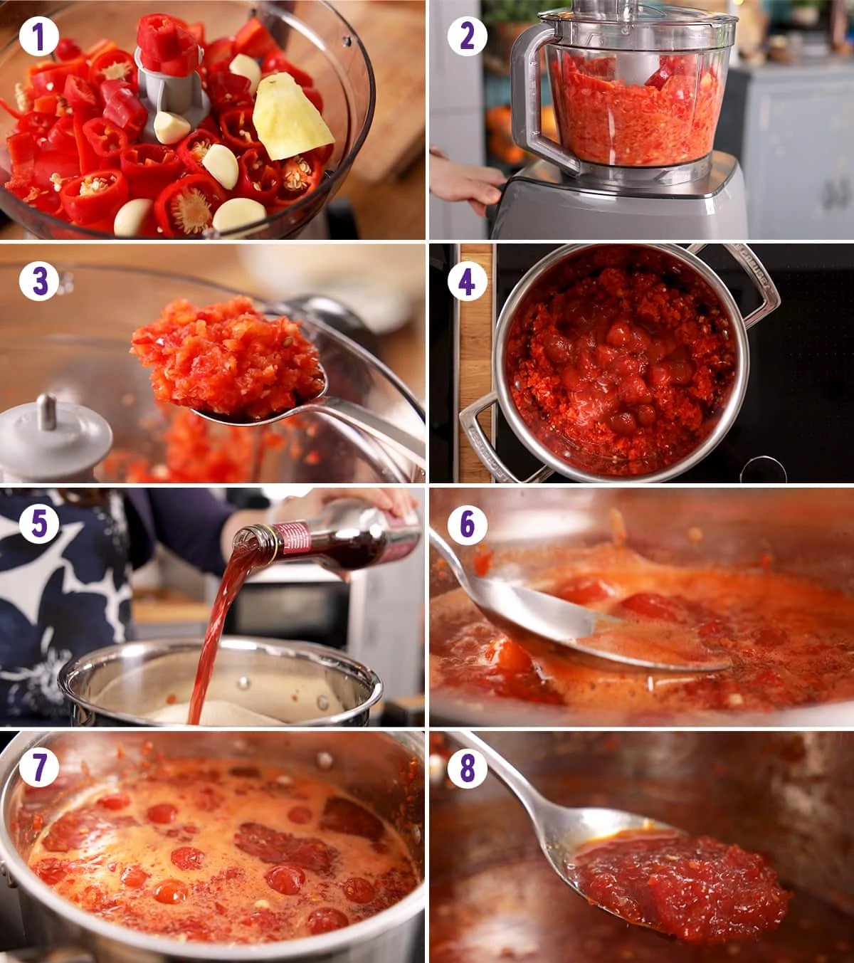 8 image collage showing how to make sweet chilli sauce