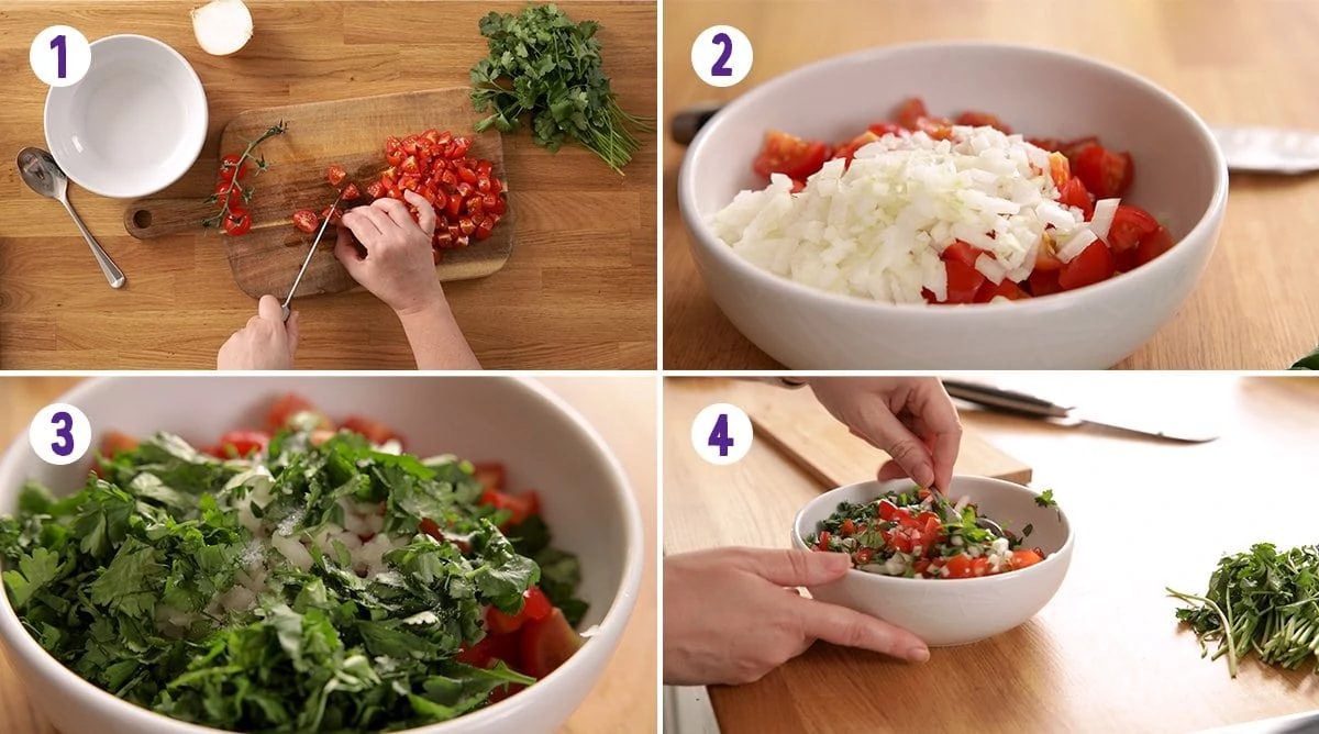 4 ingredients collage showing how to make tomato, onion and coriander chopped salad