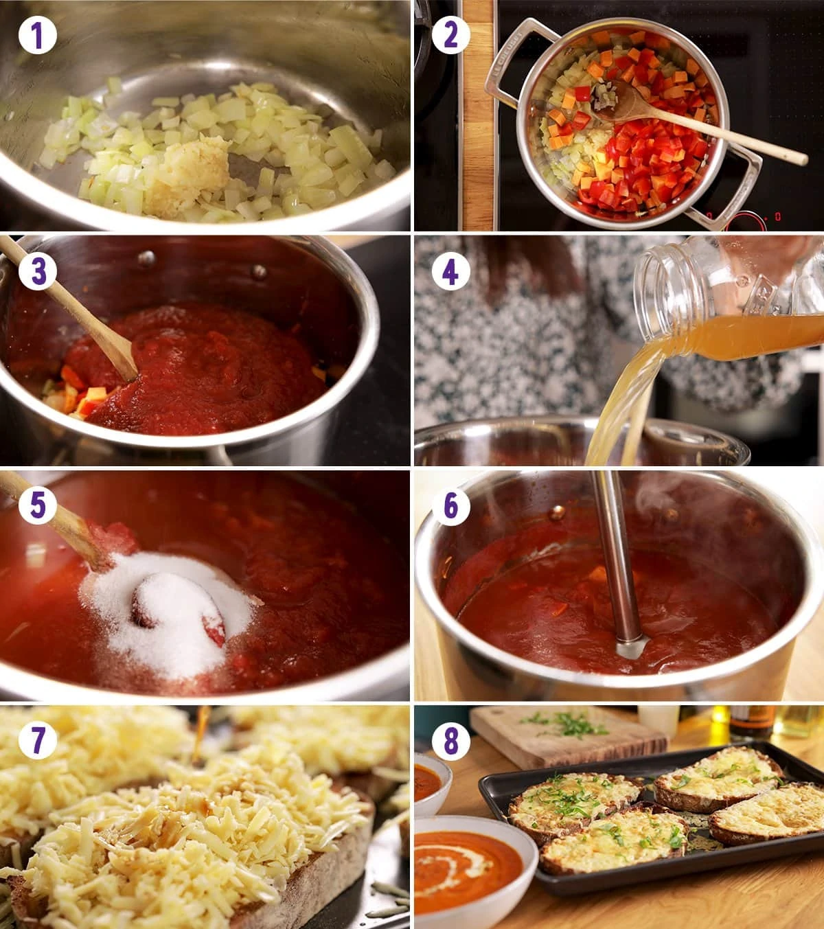 8 step collage showing how to make tomato soup with basil-topped cheese on toast